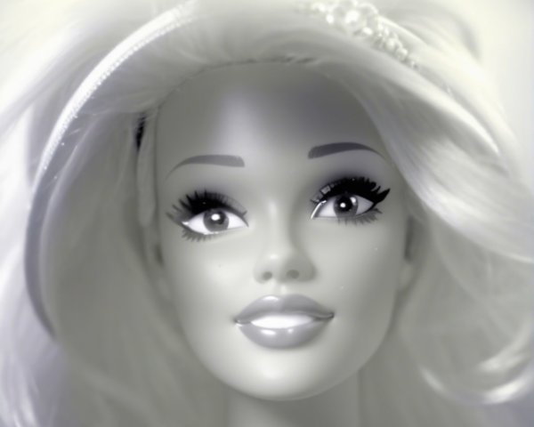 Close-up of a glossy doll with defined makeup features