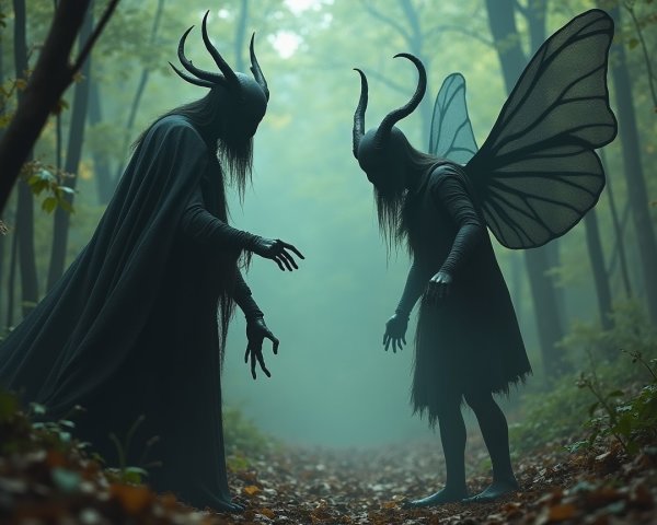 Mysterious Figures in a Misty Forest Encounter