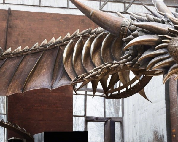 Majestic dragon with metallic scales in industrial setting