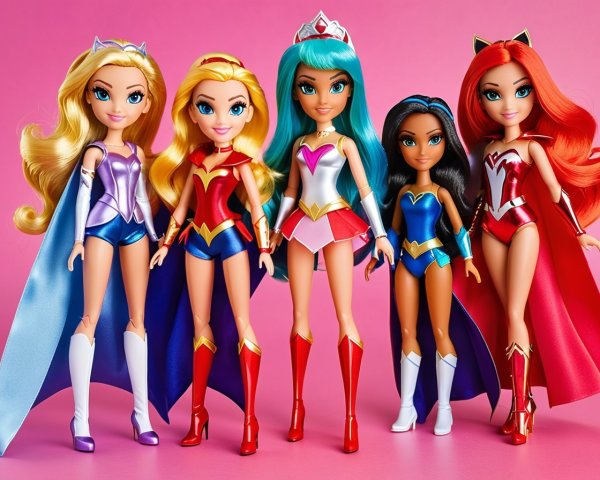 Colorful superhero dolls against a pink background