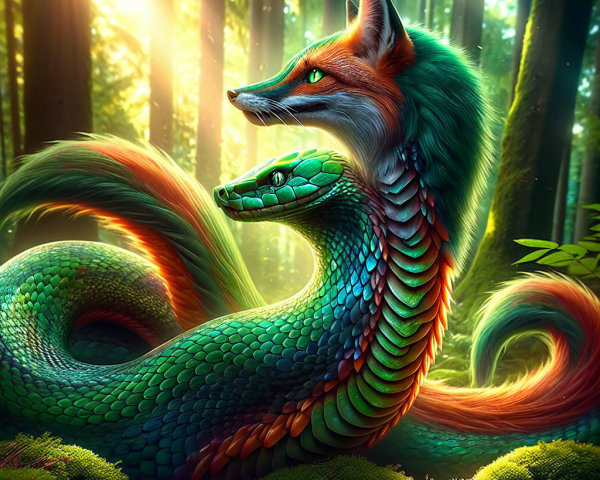 Hybrid Creature of Fox and Snake in Mystical Forest