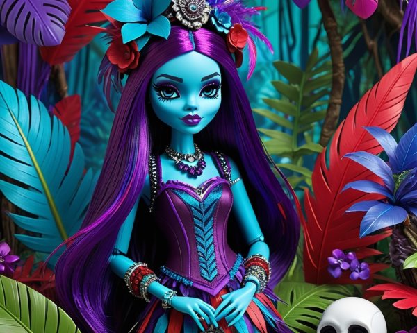 Vibrant Blue-Skinned Doll in Jungle Setting