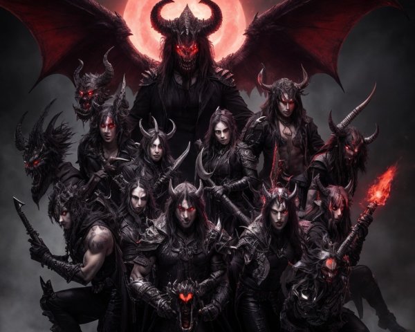 Gothic Figures with Red Moon and Ominous Atmosphere