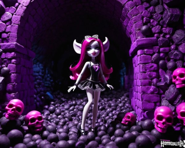 Stylish Doll in Gothic Environment with Pink Skulls