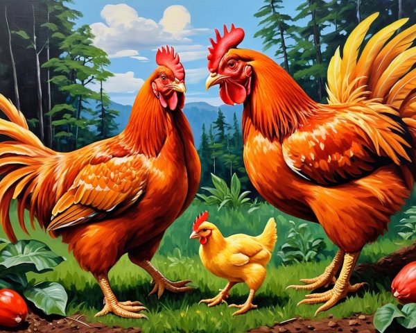 Chickens in a Lush Green Farm Landscape Scene