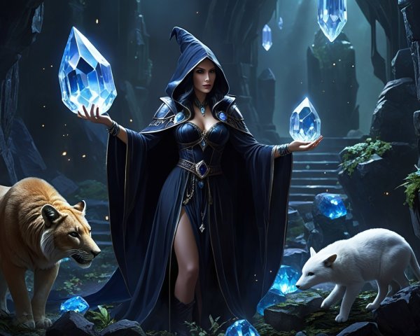 Sorceress in a Cave with Glowing Crystals and Wildlife