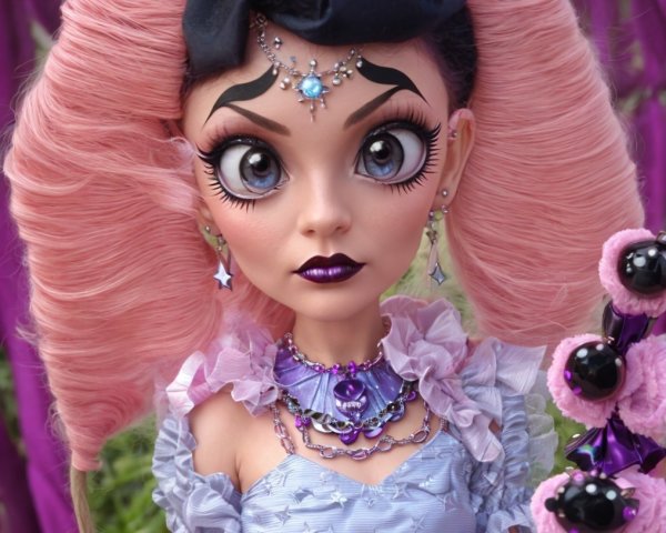 Detailed Doll with Pink Hair and Lavender Dress