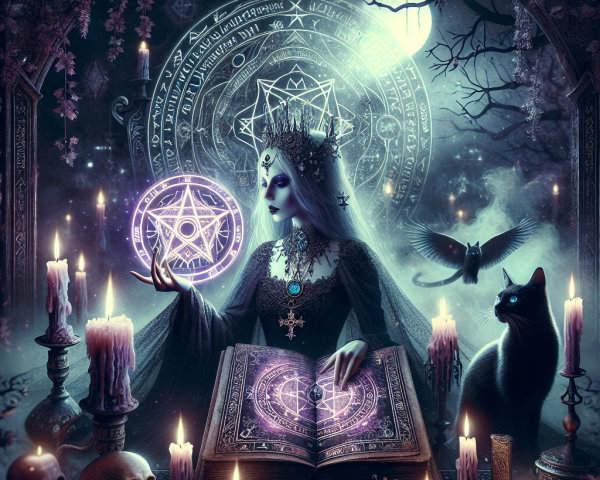 Sorceress with Ancient Tome in Mystical Setting
