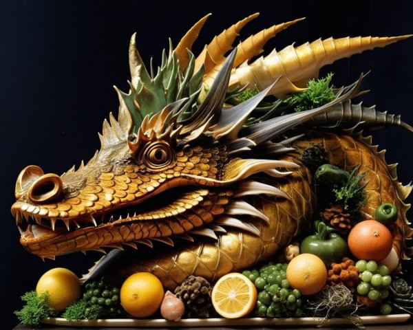 Elaborate Dragon Sculpture with Fruits and Vegetables