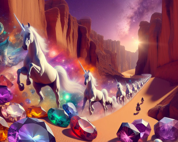 Unicorns in a Vibrant Canyon Under Cosmic Sky