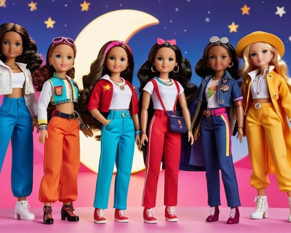 Fashionable Dolls in Whimsical Night Sky Setting