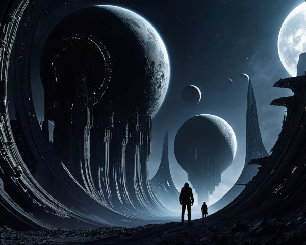 Cosmic Landscape with Figures and Celestial Bodies