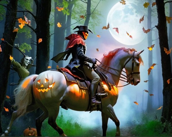 Cloaked Rider on Glowing Horse in Mystical Forest