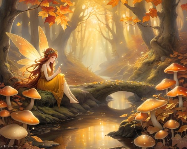 Fairy in Autumn Forest by Shimmering Stream