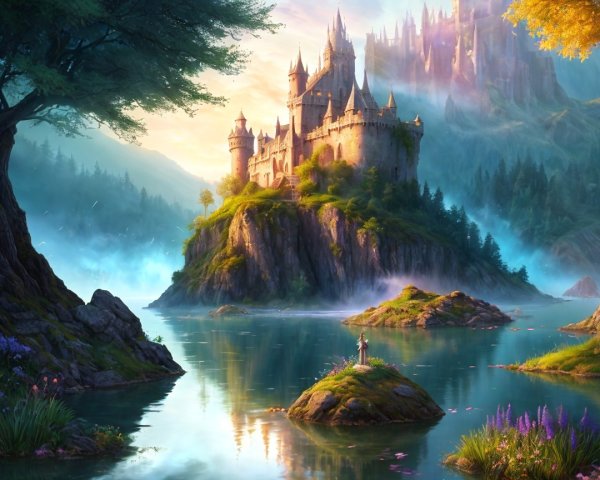 Majestic Castle on a Lush Island Surrounded by Water