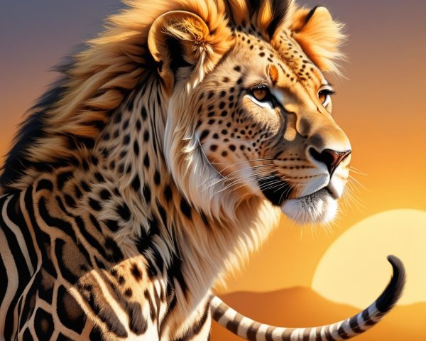Majestic Lion-Leopard Hybrid Against Sunset Backdrop