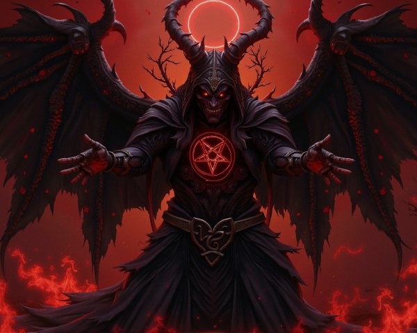 Menacing figure with dark wings and fiery backdrop