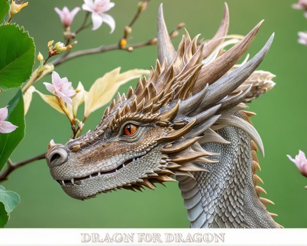 Majestic dragon with intricate scales among flowers