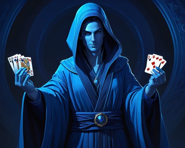 Mysterious Figure in Blue Robes with Playing Cards