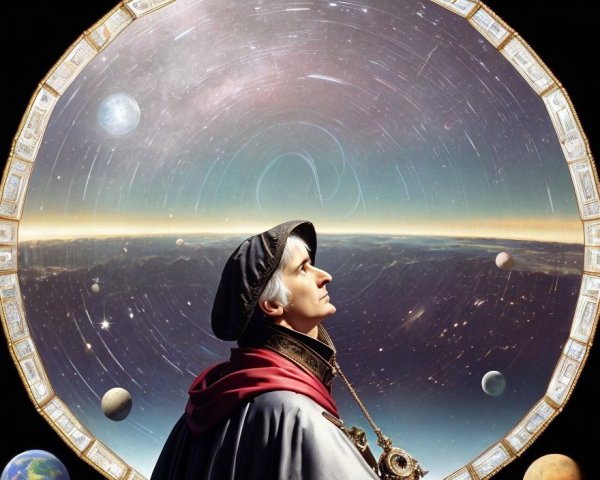 Historical Figure in Cosmic Scene with Celestial Dome