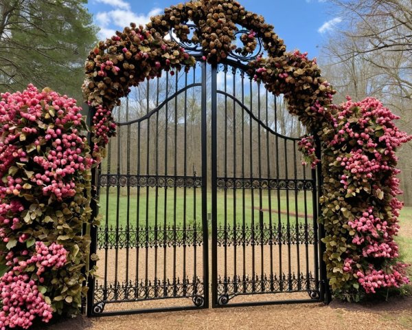Wrought Iron Gate Surrounded by Lush Greenery and Flowers
