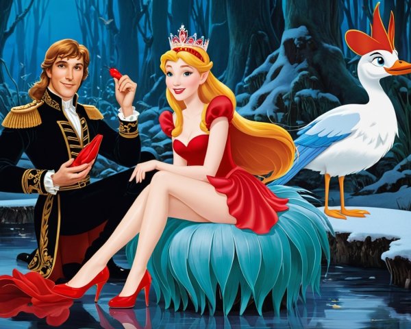 Whimsical Scene of Prince and Princess by Waterway