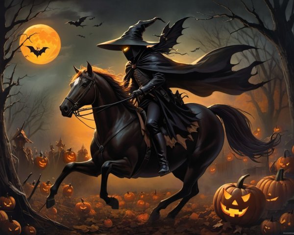 Cloaked Figure on Horse in Halloween Pumpkin Landscape