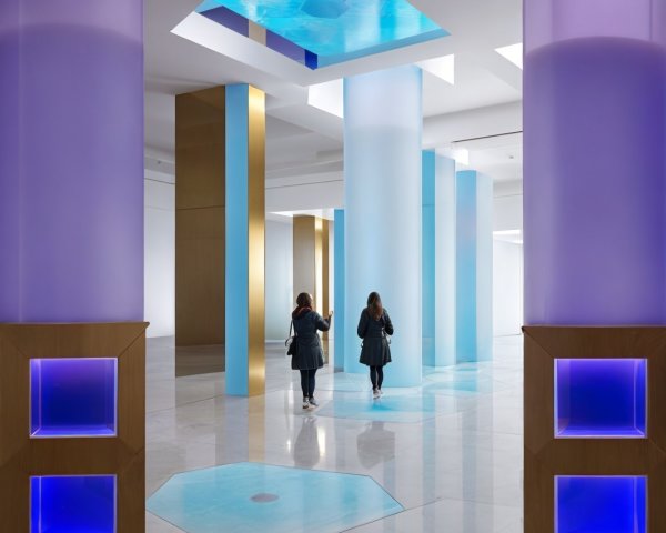 Modern Interior with Vibrant Columns and Geometric Patterns