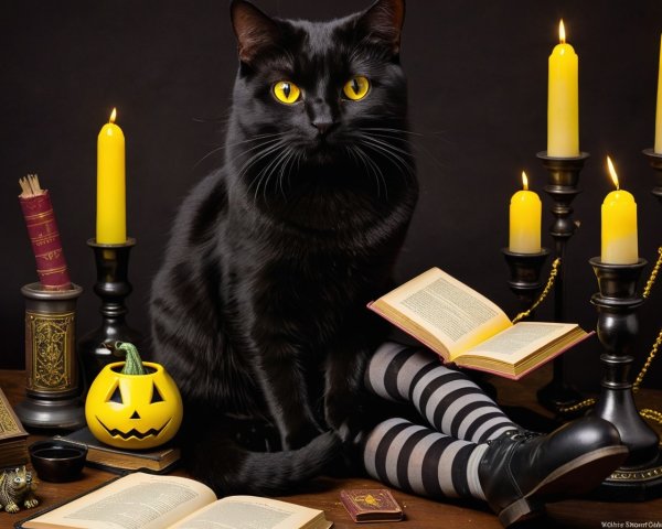 Black Cat in Enchanting Halloween Scene with Candles
