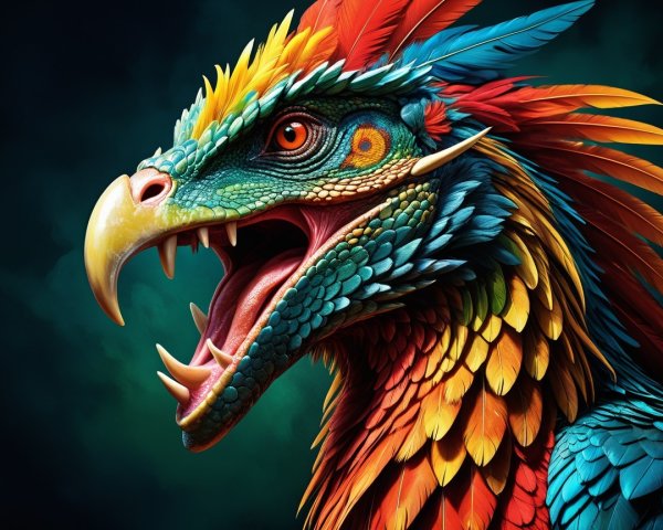 Majestic Dragon-Headed Creature with Vibrant Feathers