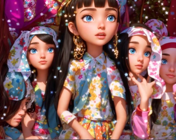 Stylized young women in vibrant floral outfits in magic setting