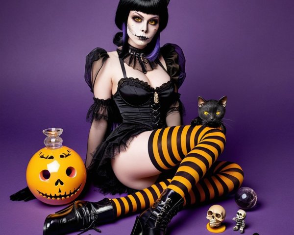 Gothic Figure in Purple Background with Halloween Decor