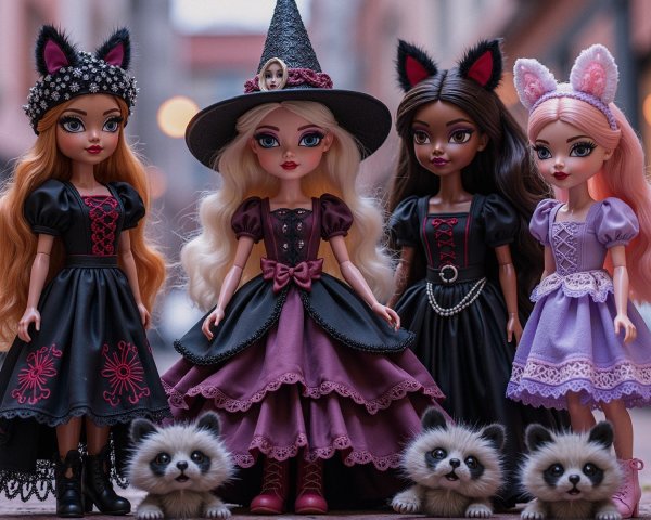 Elegant Dolls in Stylish Costumes with Raccoon Creatures