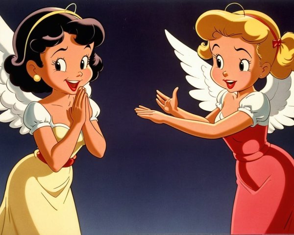 Animated Characters with Angelic Wings in Whimsical Scene