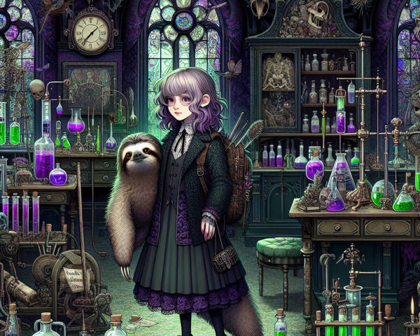 Whimsical Laboratory Scene with Silver-Haired Girl and Sloth