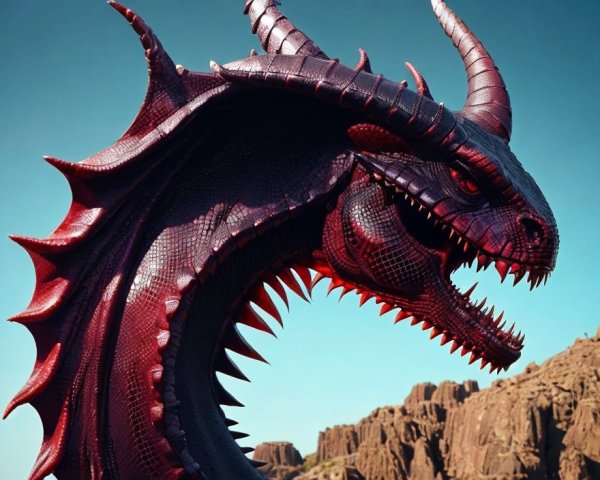 Red Dragon Against Blue Sky with Rugged Landscape