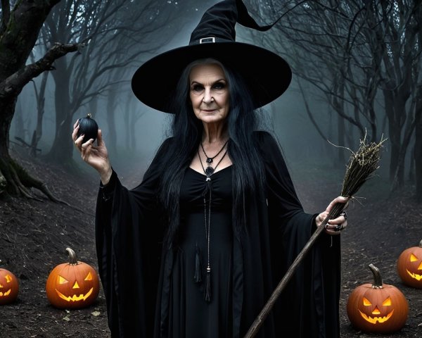 Witch in Foggy Forest with Glowing Pumpkins