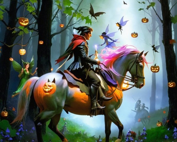 Cloaked Figure on Luminescent Horse in Enchanted Forest