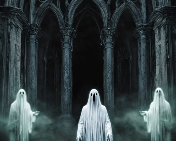 Eerie Gothic Setting with Ghostly Figures and Mist