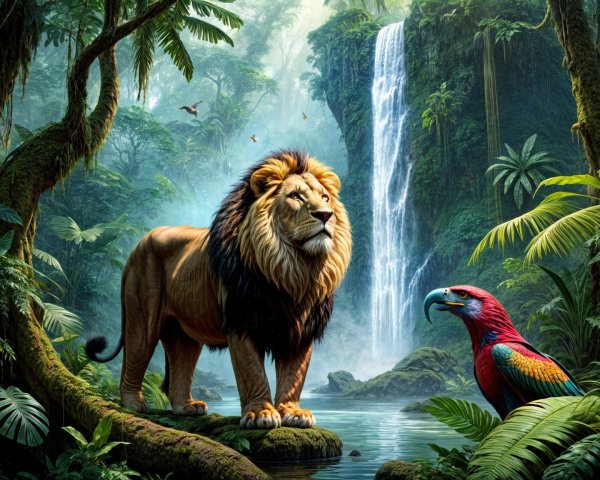 Lion by Tranquil Waterfall in Lush Jungle Setting