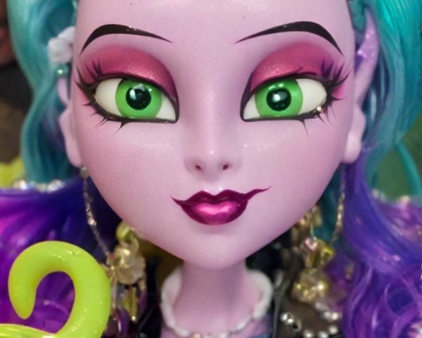 Vibrant Stylized Doll with Green Eyes and Bold Makeup