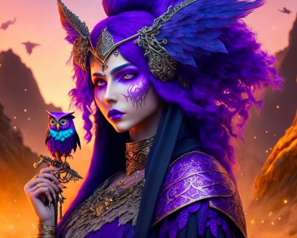 Mystical figure in purple attire with feathered headpieces