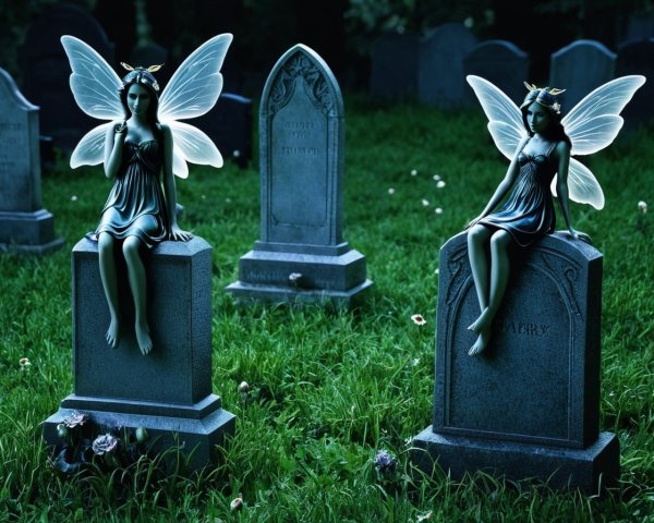 Fairy Figures on Gravestones in a Serene Cemetery