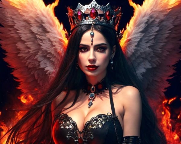 Dark Enchanting Figure with Feathered Wings and Flames