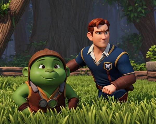 Young green-skinned character and man in vibrant forest
