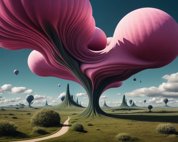 Surreal Landscape with Vibrant Pink Organic Structures