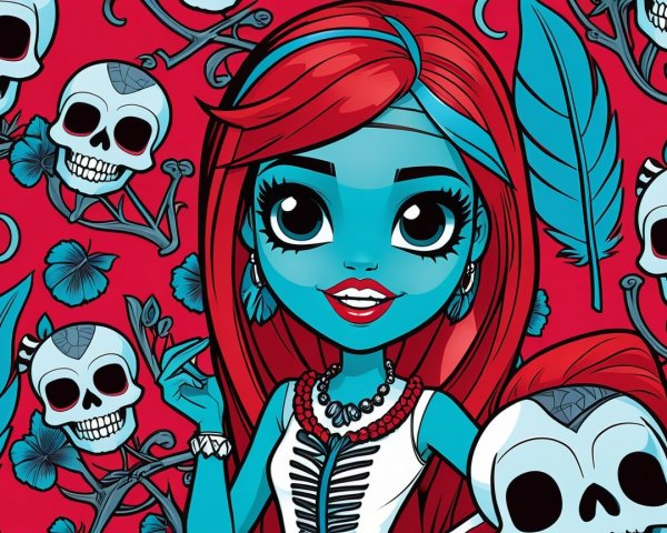Vibrant Character Illustration with Blue Skin and Red Hair