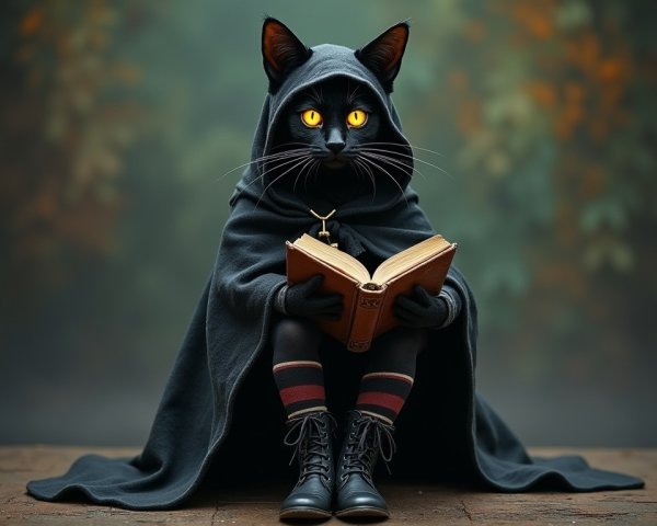 Mysterious Black Cat in Cloak with Open Book