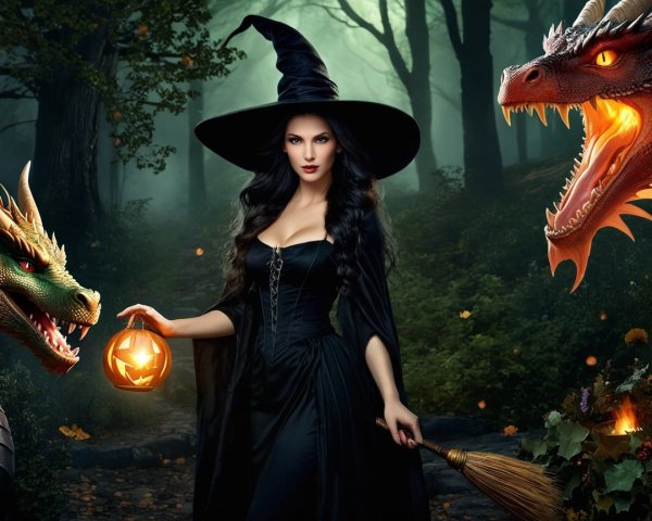 Witch with Pumpkin Lantern in Enchanted Forest Scene