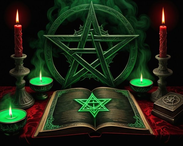Mystical Scene with Green Pentagram and Candles